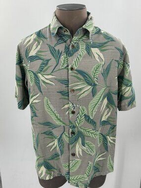 ISLAND REPUBLIC Silk Hawaiian Camp Shirt Mens Beach Casual Cruise Green Large